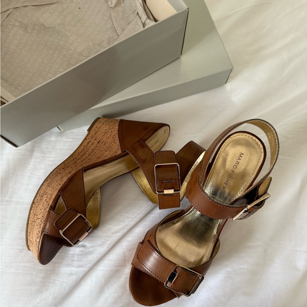 Marc Fisher Brown Cognac Wedge Sandals Summer Spring